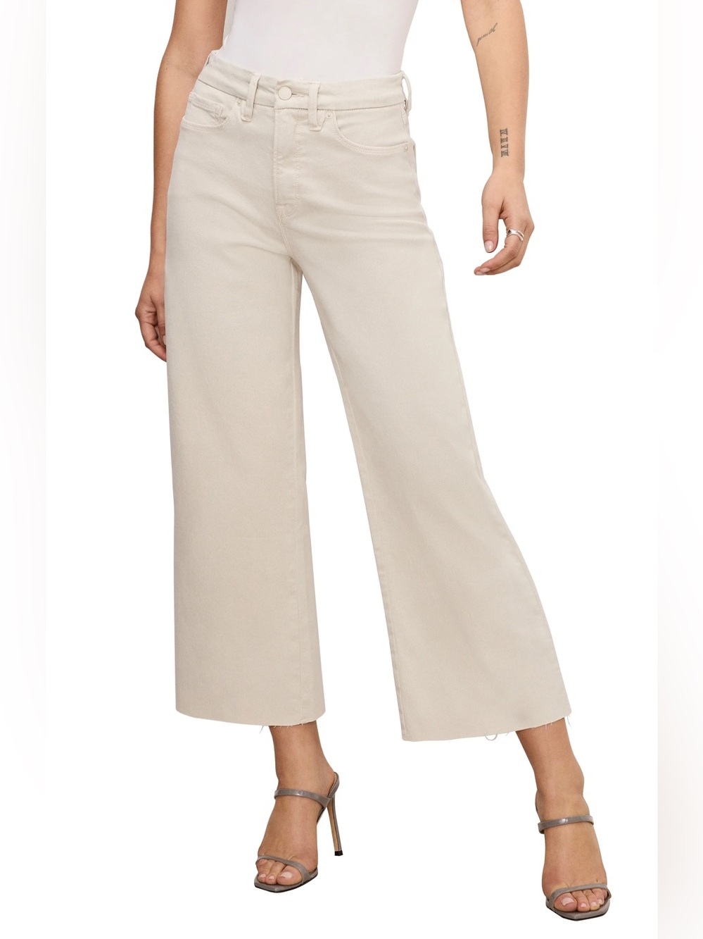 Good American Good Waist Palazzo Crop Jeans Bone Beige Raw Hem Size 0/25